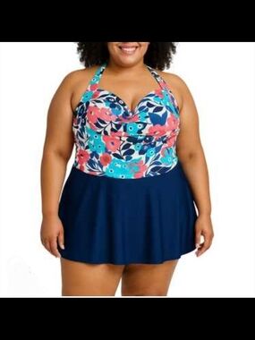 Suddenly Slim By Catalina One Piece Swimsuit 1X 16W Blue Floral Swimdress Blue